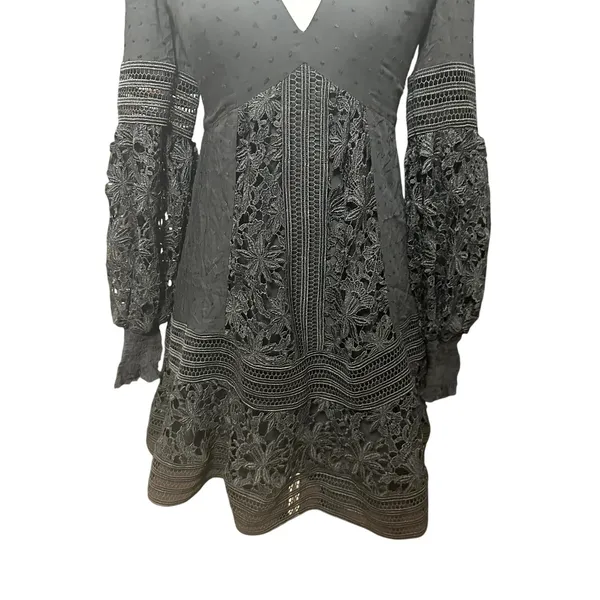 Bardot Mini Dress Black Lace Bell Sleeve V Neck Romantic Boho XS/4 NWOT Cocktail - Image 5