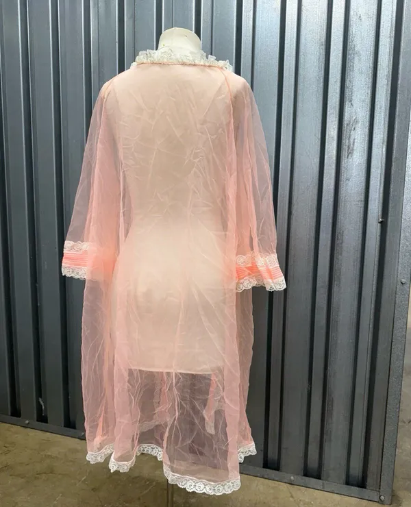 Vintage Lane Bryant Pink Mesh Lace Dressing Gown Cape Robe XS S M - Image 3