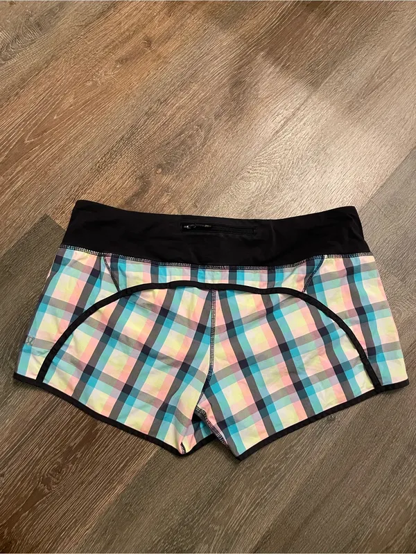 lululemon athletica Run Times Plaid Athletic Shorts Black Pastel Multi Size 10 - Image 3
