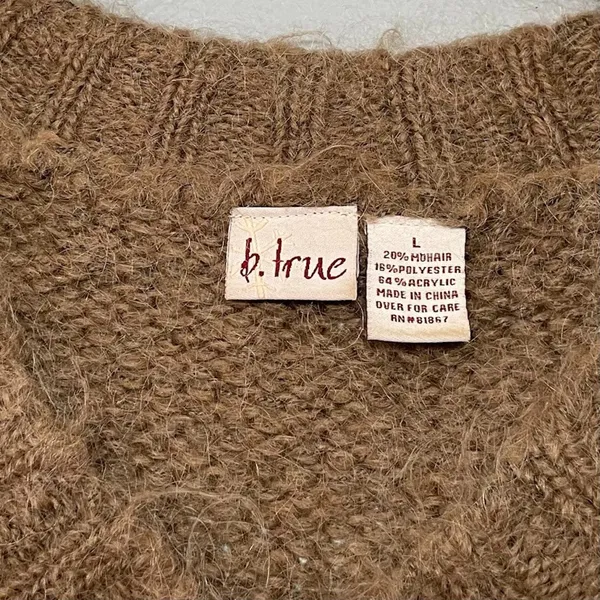B True Mohair Sweater Size Large Mocha Brown Fuzzy Soft Cropped V-neck Y2K Boho - Image 4