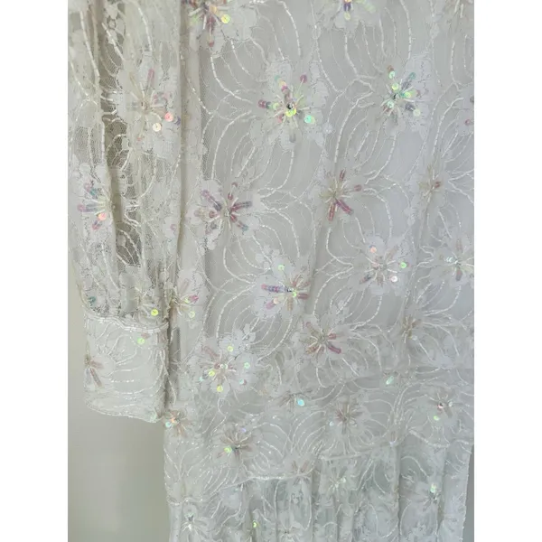 VTG Megere White Sequin Beaded‎ Dress M Long Sleeve Ruffle Hem Formal Wedding - Image 5
