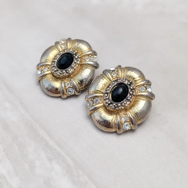 Vintage Clip On Earrings Gold/Silver Tone Gradient Black Cabochon Large - Image 3