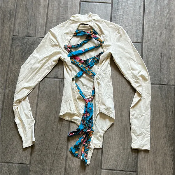 Free People Cream Bodysuit with Floral Accent - Image 3