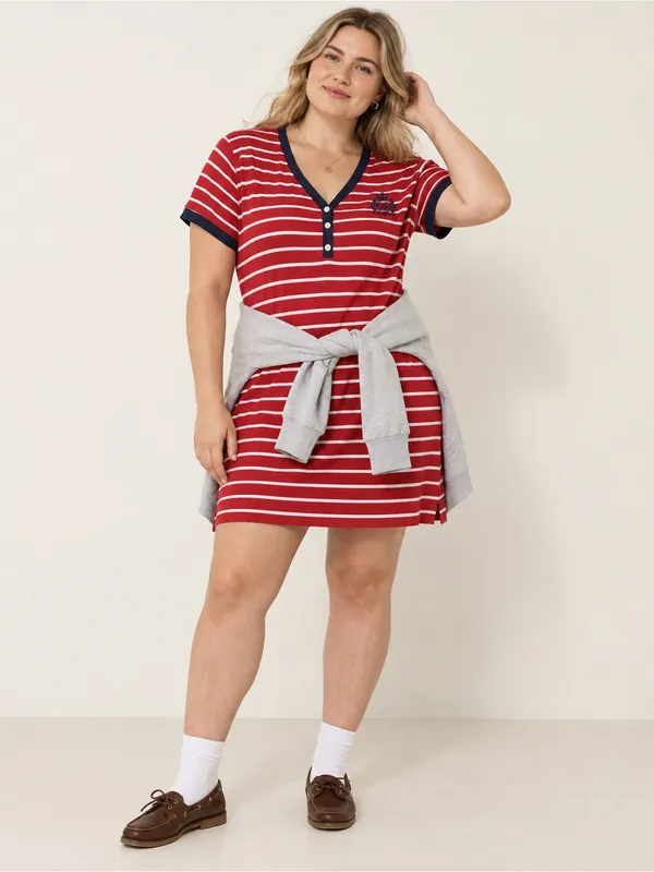 Lauren Ralph Lauren Striped Crest Henley Preppy T Shirt Dress Red Navy Size XL - Image 2
