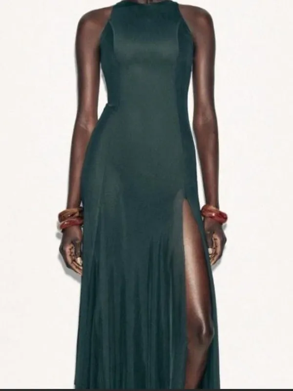 Sleeveless Dark Green mess Midi Dress with‎ Side Slit - Image 3