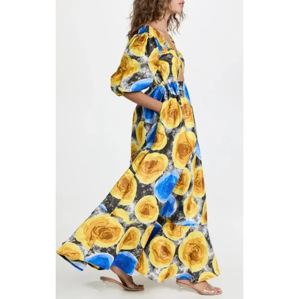 Mangishi Doll Sz 10 Zahara‎ Maxi Dress in Yellow Swirl Whimsical Open Back - Image 3