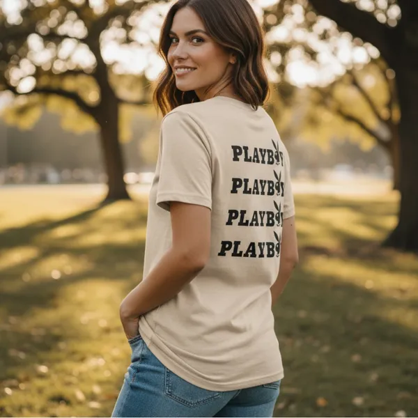 Playboy unisex Beige T-Shirt with Black Logo - Image 2