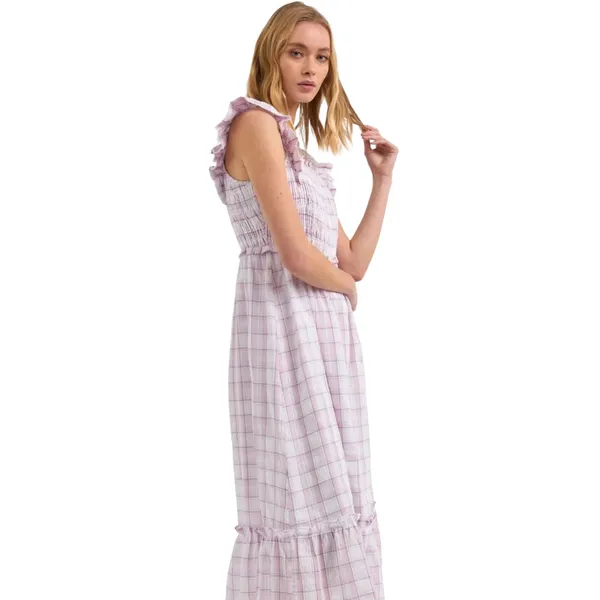 Main Strip Smocked linen type gingham plaid dress - Image 2