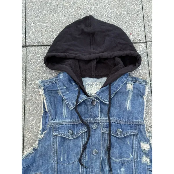 Others Follow Women Hooded Denim Vest Distressed Blue Jean Jacket Sleeveless XL - Image 5