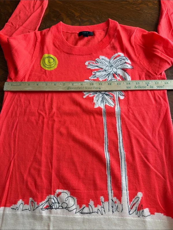 J crew Coral Sweater with Palm Tree Motif and merino wool size medium - Image 6
