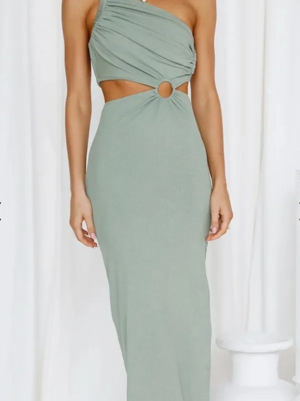 Hello Molly Sage Green One-Shoulder Cutout Maxi Dress with Ring Detail - Image 2