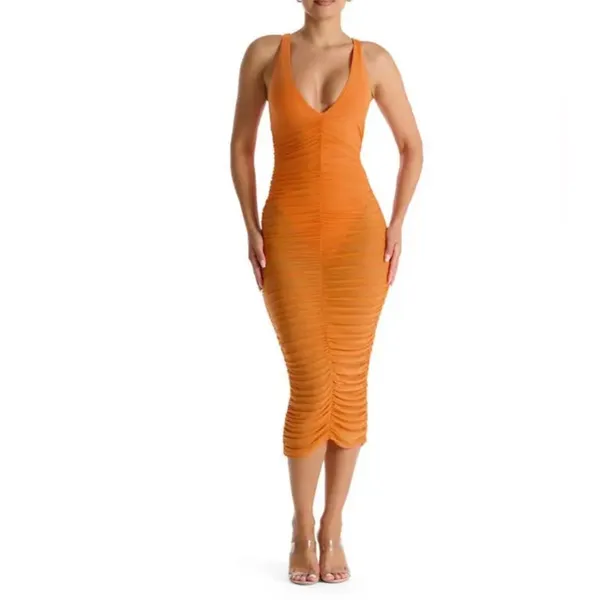 New Naked Wardrobe Power Mesh Ruched Midi Dress Orange - Size Large - Sold Out - Image 6