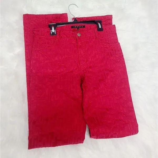 Theory Jeans Straight‎ Leg Geometric Red Denim Size 6 - Image 2