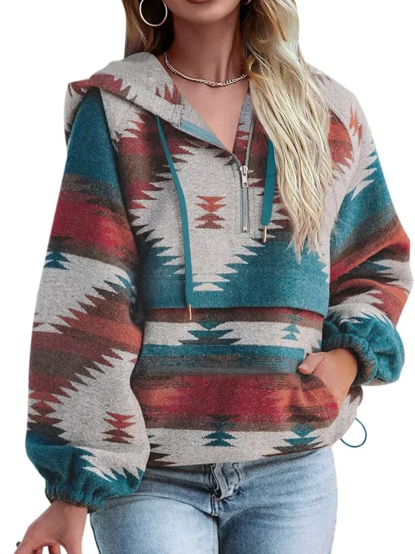 Fessceruna womens medium blue aztec half zip up hoodie sweatshirt oversized - Image 2