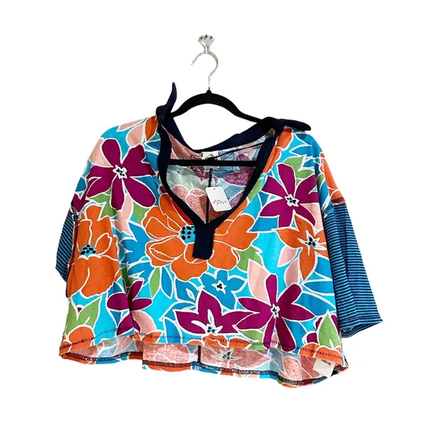 NWOT Free People Floral Striped Collared On A Boat Boxy Crop Polo Shirt - Image 7