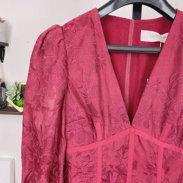 Keepsake the Label Wonderland Plum Red Lace Long Sleeve V Neck Ruffle Mini Dress - Image 3