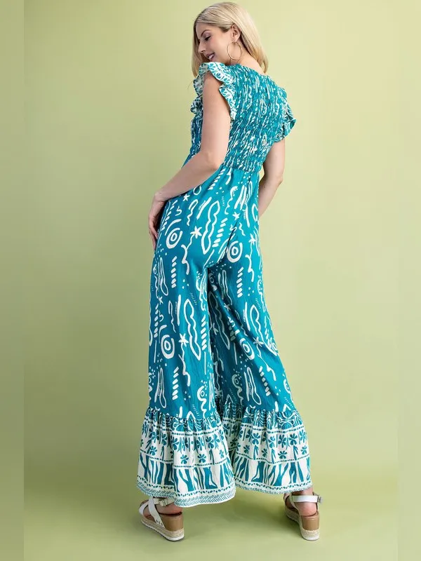 Boutique Turquoise Boho Wide Leg Jumpsuit Resort Vacation Beach Outfit - Image 4