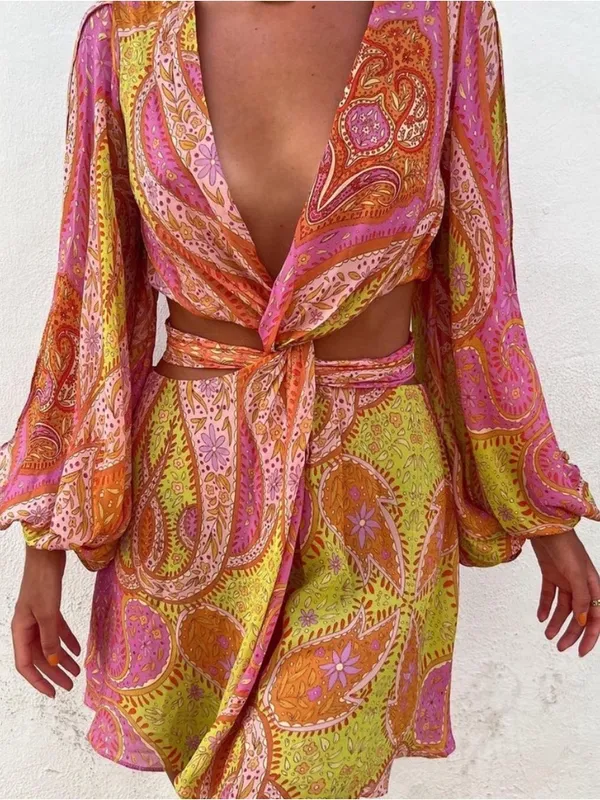 Zara Paisley Cutout Boho Mini Dress‎ With Balloon Sleeves Size M NWT - Image 2