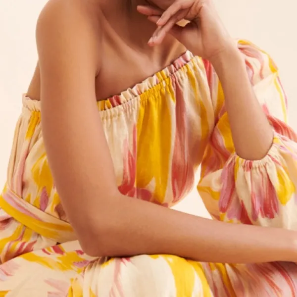 Anthropologie Little Lies Costa Rica One Shoulder Linen Pink Yellow Dress - Image 2