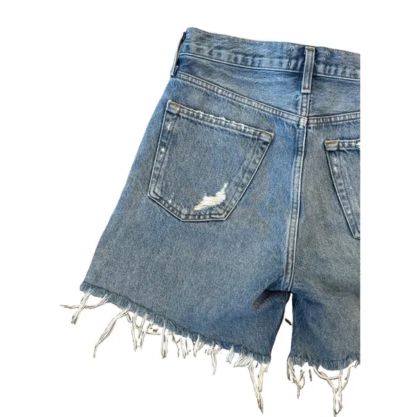 AGOLDE Parker Long High Rise Distressed Denim Shorts Button Fly Blue Size 24 - Image 6