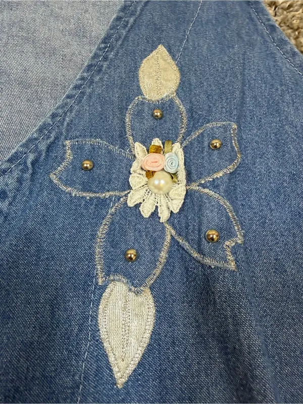 Vintage Embroidered Floral Denim Vest Pearl Studded Boho Western Cottagecore M - Image 8