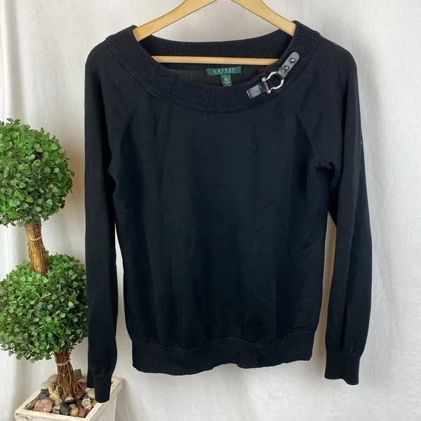 Ralph Lauren Black Knit Long Sleeve Buckle Accent Crew Neck Sweater L - Image 2