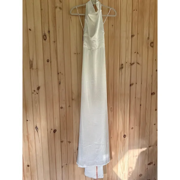 Lulus Meliana White Satin Halter Backless Maxi Dress Wedding Gown Elegant Small - Image 3