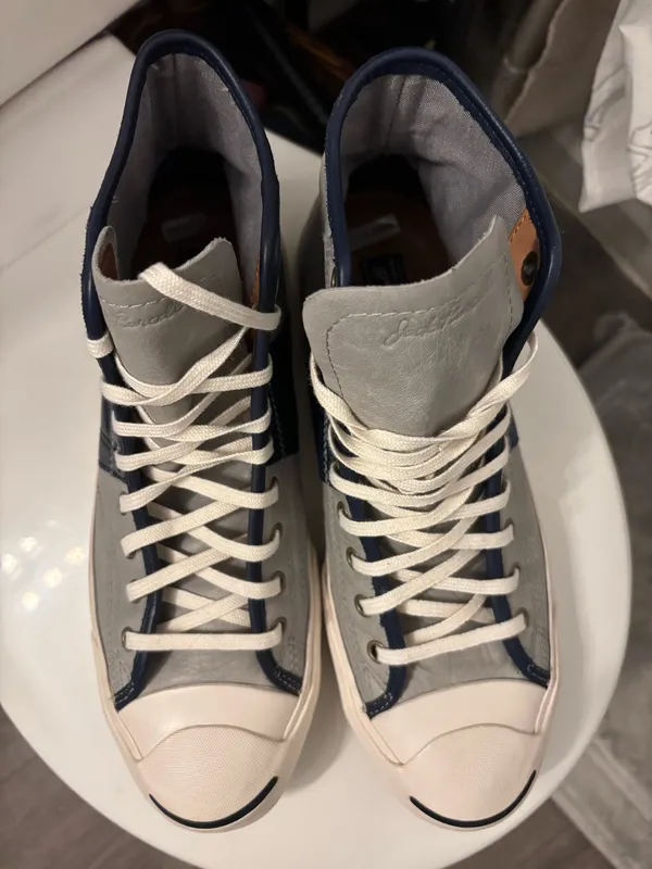 Jack Purcell Converse Sneakers high top Leather grey/blue boho or casual sz10 - Image 4