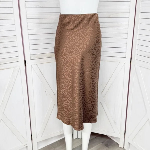 Mi Ami Francesca’s Satin Animal Print High Waist Midi Slip Skirt‎ Brown Small - Image 5