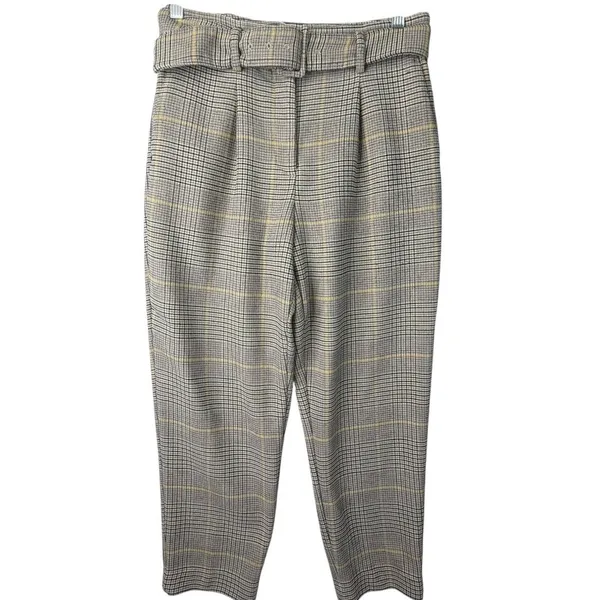 Ann Taylor Cropped Dress Pants Glen Plaid Belted Tapered Tan Preppy Womens 4P‎ - Image 2