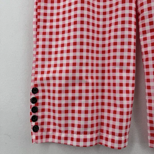 Red Pink Gingham Wide Leg Overall Jumpsuit Women L Button Hem Cottagecore Picnic - Image 5