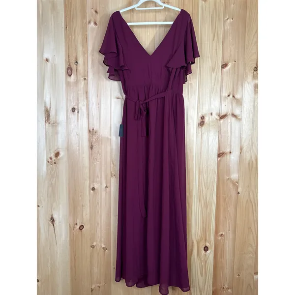 NWT Lulus Convincing Grace Burgundy Flutter Sleeve Wrap Maxi Dress Wedding Sz XL - Image 4
