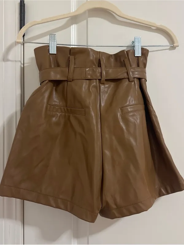 Altar'd State Faux Leather High Waist Paperbag Shorts - Brown - Image 3
