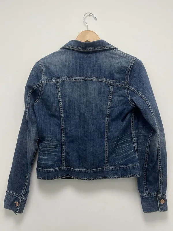 American Eagle Jean Trucker Jacket Distressed Waist Length Blue Denim Women’s M - Image 6