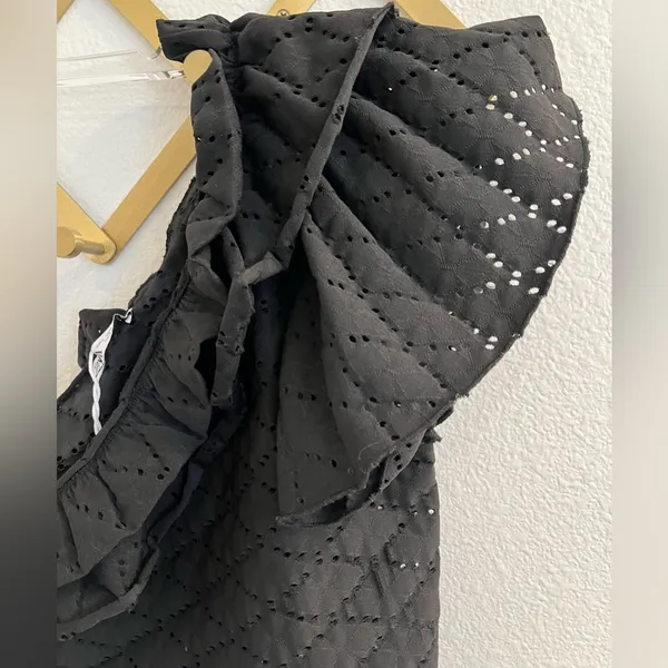 Zara One Shoulder Eyelet Ruffle Top Black Large Stretchy - Image 7