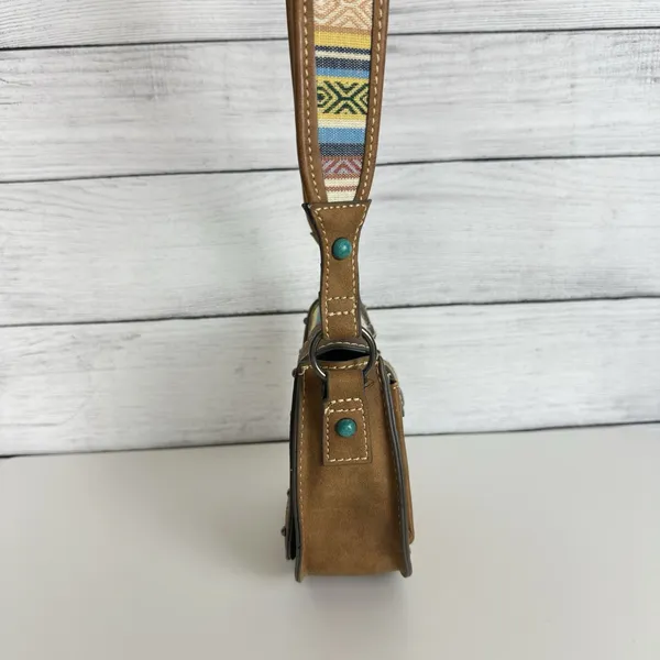 Tony Lama Woven Accent Colorful SaddleBag Leather Southwestern Crossbody‎ Purse - Image 4