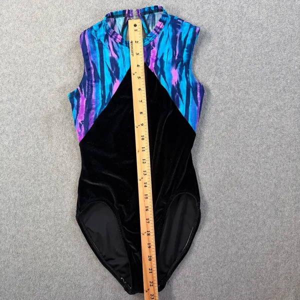 Major Motion Dancewear Leotard Petite Adult Black Velvet Blue Purple Striped VTG - Image 3