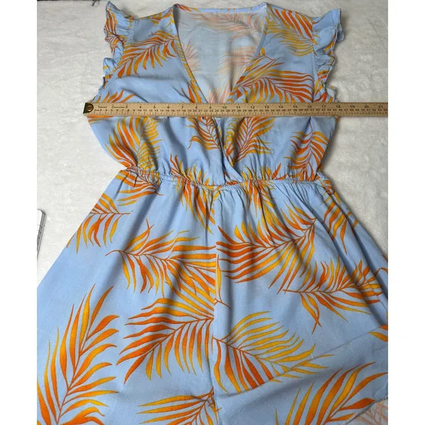 Cupshe Womens Tropical Palm Leaf Jumpsuit Blue Orange V-Neck Ruffle Hem Size M - Image 7