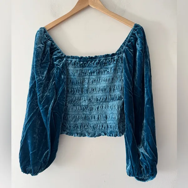 Anthropologie Smocked Puff Sleeve‎ Blue Velvet Square Neck Long Sleeve Top - Image 2