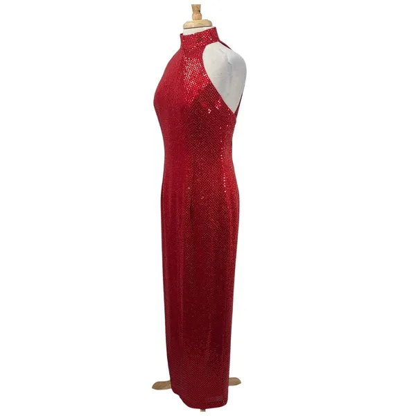 Vintage 90s Sequined High Neck Gown Open Back Maxi Dress Red Womens 8 - Image 6