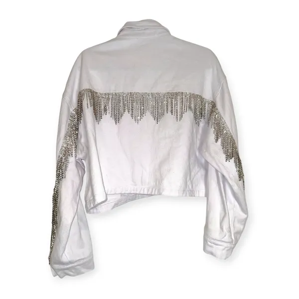 White Fox Women's M/L White Denim Rhinestone Fringe Cropped Western Jacket - Image 4