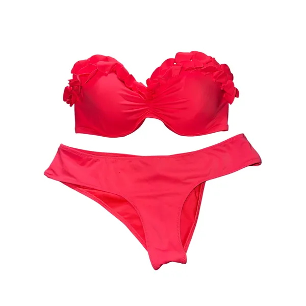 Victoria’s Secret pink ruffles swim strapless top size 34D with ruched bottoms S - Image 3