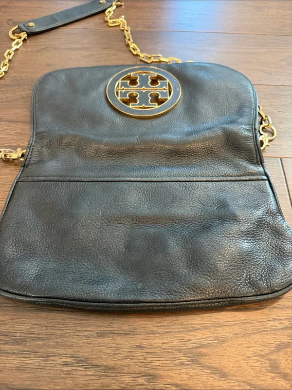 Tory Burch Black Leather Crossbody with Gold-Tone Logo and Chain - C39-182 - Image 11