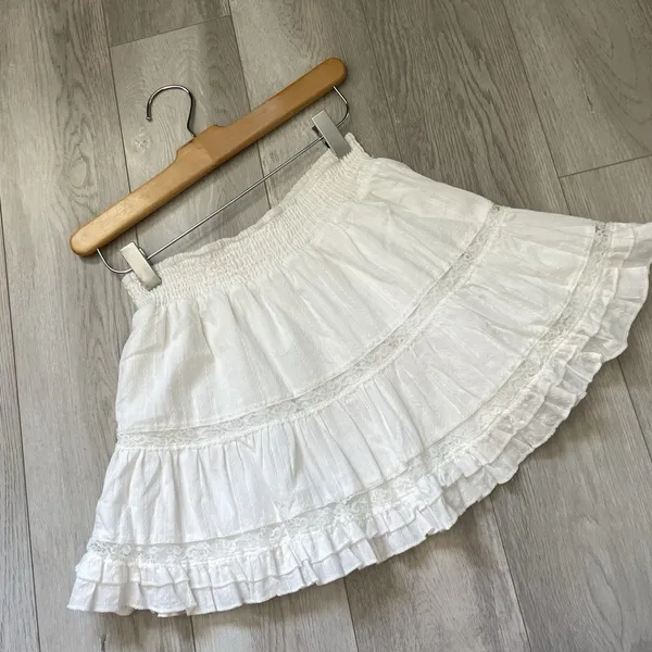 Tiered Mini Skirt cotton lace ruffle pull on womens White small cottagecore boho - Image 4