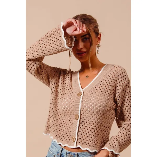 SO‎ ME Open Knit Light Weight Sweater Cardigan With Contrast Wavy Scallop Edge L - Image 2