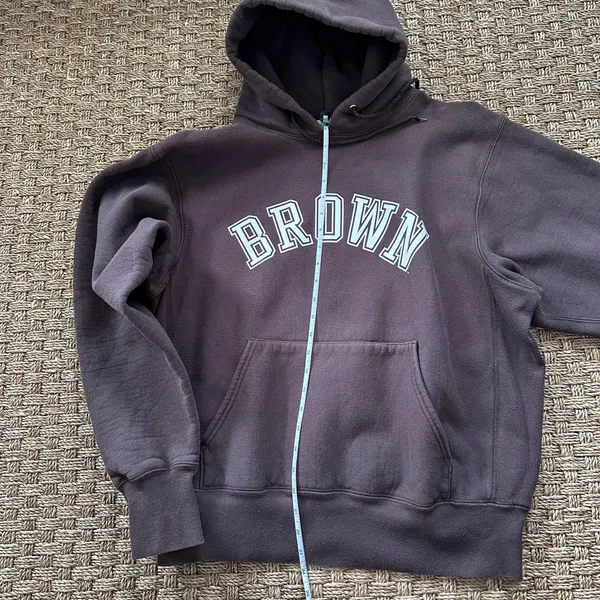 Vintage Brown University Graphic Print Fleece Pullover Hoodie Pockets Brown M - Image 9