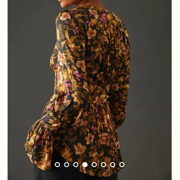 By Anthropologie Deep-V Floral Tunic Top Medium Women’s Black Motif OB1596837 - Image 6