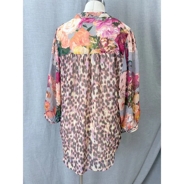 Figueroa & Flower Blouse Gray Floral Leopard Metallic Sheer XL - Image 3