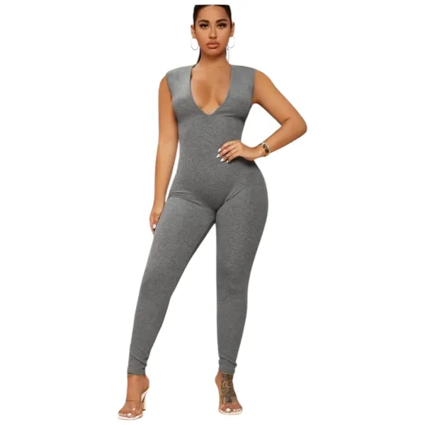 SheIn Gray Ribbed Knit Plunge Sleeveless Jumpsuit S Stretchy Bodycon Catsuit - Image 2
