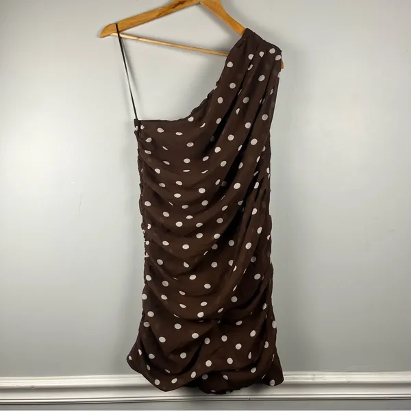 New Abercrombie & Fitch One-Shoulder Polka Dot Dress Brown White Size Medium - Image 3
